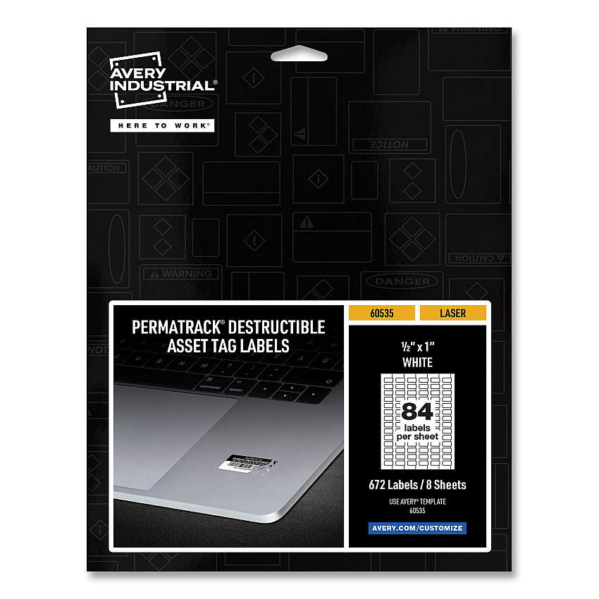 Avery PermaTrack Destructible Asset Tag Labels, Laser Printers, 0.5 x 1, White, 84/Sheet, 8 Sheets/P
