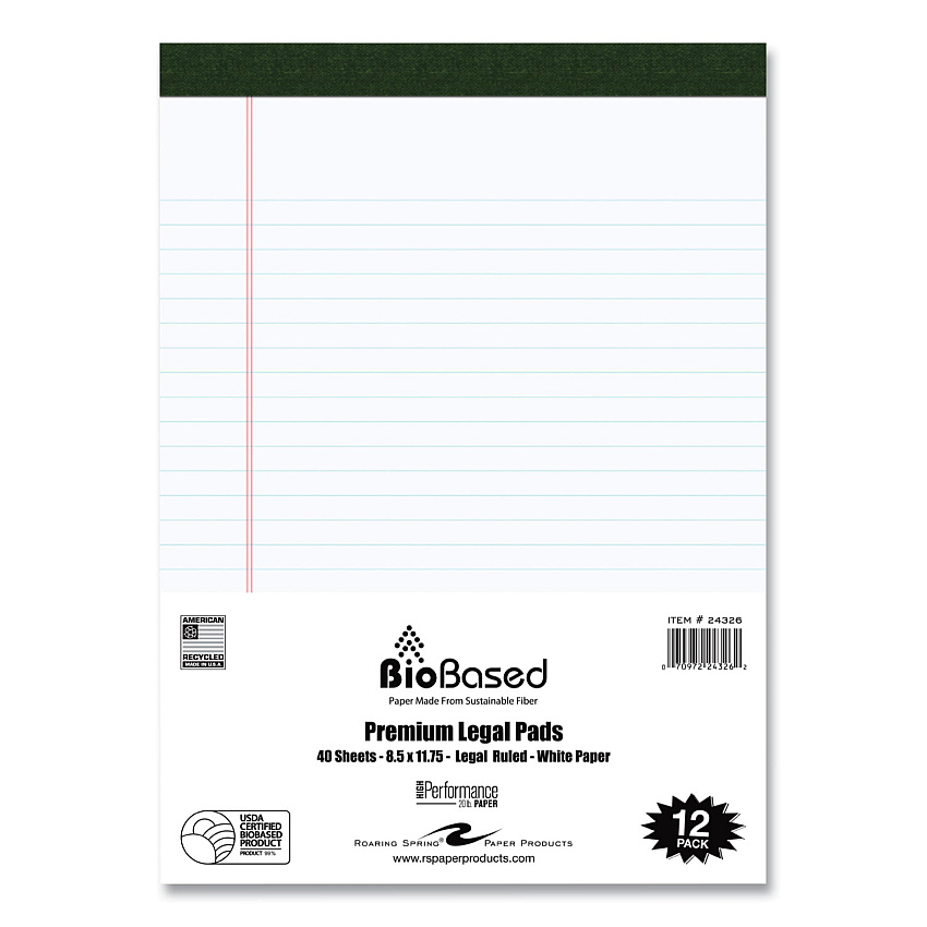Roaring Spring USDA Certified Bio-Preferred Legal Pad, Wide/Legal Rule, 40 White 8.5 x 11.75 Sheets, 12/Pack (24326)