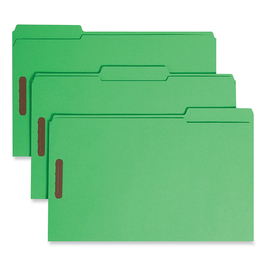Smead Top Tab Colored Fastener Folders, 2 Fasteners, Legal Size, Green Exterior, 50/Box (17140)