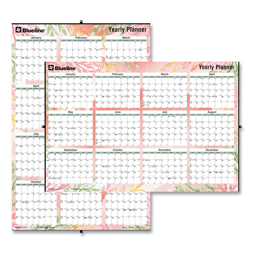 Blueline Yearly Laminated Wall Calendar, Autumn Leaves Watercolor Artwork, 36 x 24, White/Sand/Orange Sheets, 12-Month (Jan-Dec): 2023 (C171920)