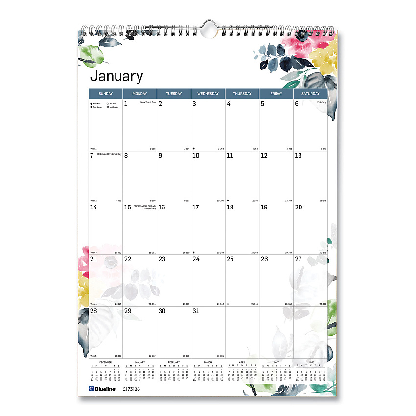 Blueline 12-Month Colorful Wall Calendar, Watercolor Floral Artwork, 12 x 17, White/Multicolor Sheets, 12-Month (Jan to Dec): 2023 (C173126)