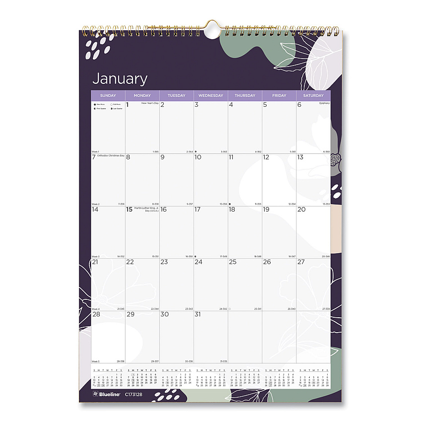 Blueline 12-Month Colorful Wall Calendar, Watercolor Gold Detail Floral Artwork, 12 x 17, White Sheets, 12-Month (Jan to Dec): 2023 (C173128)