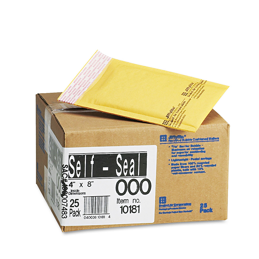 Sealed Air Jiffylite Self-Seal Bubble Mailer, #000, Barrier Bubble Lining, Self-Adhesive Closure, 4 x 8, Golden Brown Kraft, 25/Carton (10181)
