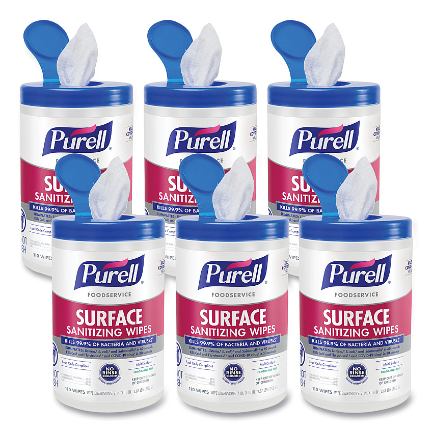 PURELL Foodservice Surface Sanitizing Wipes, 10 x 7, Fragrance-Free, 110/Canister, 6 Canisters/Carton (934106CT)