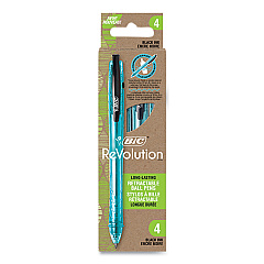 BIC ReVolution Ocean Bound Ballpoint Pen, Retractable, Medium 1 mm, Black Ink, Translucent Blue Barrel, 4/Pack (BPRRP41BLK)