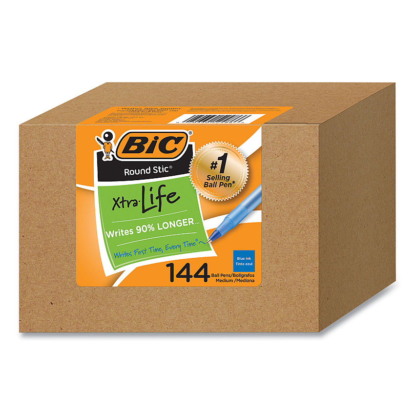BIC Round Stic Xtra Life Ballpoint Pen, Stick, Medium 1 mm, Blue Ink, Translucent Blue Barrel, 144/Pack (GSM144AZBLU)