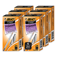 BIC Cristal Xtra Smooth Ballpoint Pen, Stick, Medium 1 mm, Black Ink, Clear Barrel, 24/Box, 6 Boxes/Pack (MS144EBLK)