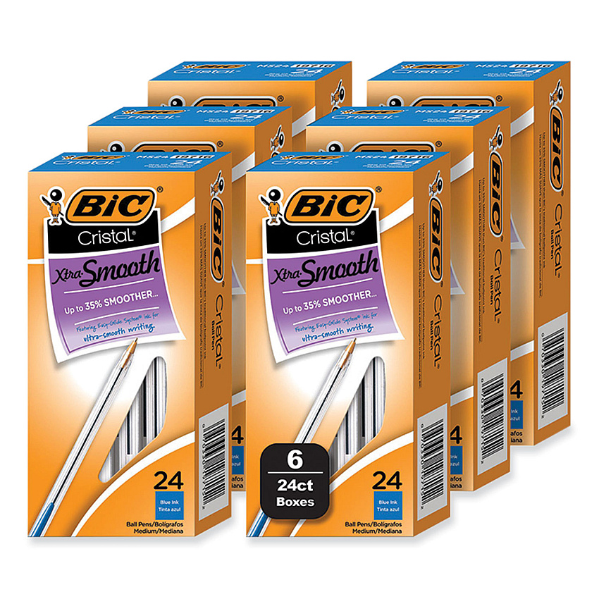 BIC Cristal Xtra Smooth Ballpoint Pen, Stick, Medium 1 mm, Blue Ink, Clear Barrel, 24/Box, 6 Boxes/Pack (MS144EBLU)