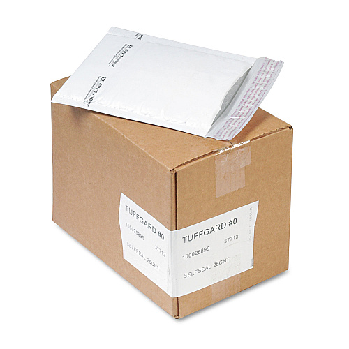 Sealed Air Jiffy TuffGard Self-Seal Cushioned Mailer, #0, Barrier Bubble Lining, Self-Adhesive Closure, 6 x 10, White, 25/Carton (37712)