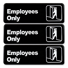 Excello Global Products Employees Only Indoor/Outdoor Wall Sign, 9" x 3", Black Face, White Graphics, 3/Pack (HD0050S)