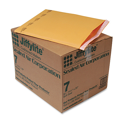 Sealed Air Jiffylite Self-Seal Bubble Mailer, #7, Barrier Bubble Lining, Self-Adhesive Closure, 14.25 x 20, Golden Kraft, 50/Carton (39098)