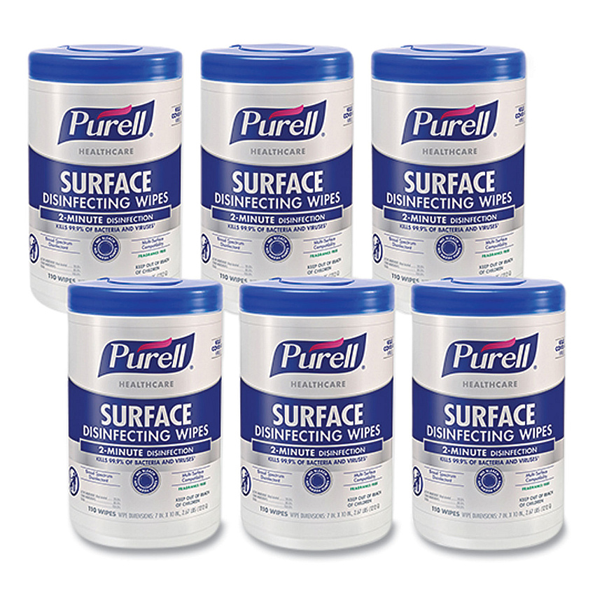 PURELL Healthcare Surface Disinfecting Wipes, 1-Ply, 7" x 10", Unscented, White, 110 Wipes/Canister, 6 Canisters/Carton (934006)