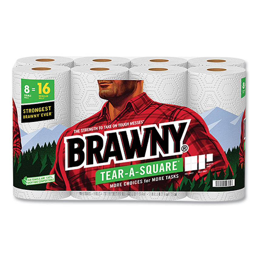Brawny Tear-A-Square Perforated Kitchen Roll Towels, Double Roll, 2-Ply, 11" x 11", White, 120 Sheets/Roll, 8 Rolls/Pack (443665)