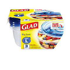 Glad Big Bowl Food Storage Containers with Lids, 48 oz, Clear/Blue, Plastic, 3/Box (70111)