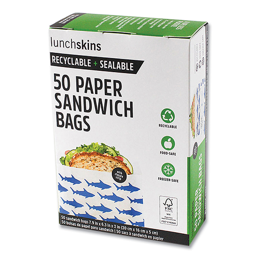 Lunchskins Peel and Seal Sandwich Bag with Closure Strip, 6.3" x 2" x 7.9", Blue Sharks/White, 50/Box (854735005904)