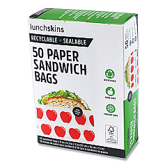 Lunchskins Peel and Seal Sandwich Bag with Closure Strip, 6.3" x 2" x 7.9", Red Apples/White, 50/Box (854735005911)