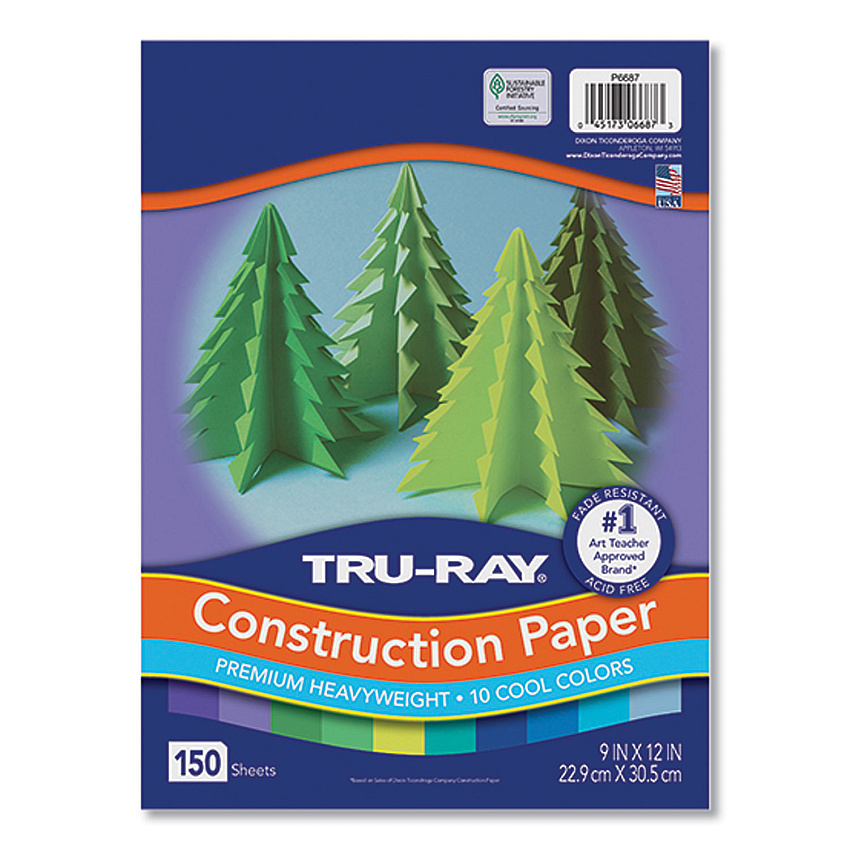 Pacon Tru-Ray Construction Paper, 76 lb Text Weight, 9 x 12, Cool Assorted Colors, 150/Pack (P6687)