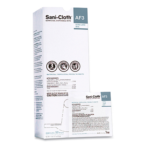 Sani-Cloth AF3 Individually Wrapped Germicidal Disposable Wipes, X-Large, 1-Ply, 11.75" x 11.5", Unscented, White, 50/Box (U27500)