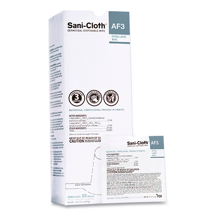 Sani-Cloth AF3 Individually Wrapped Germicidal Disposable Wipes, X-Large, 1-Ply, 11.75" x 11.5", Unscented, White, 50/Box (U27500)