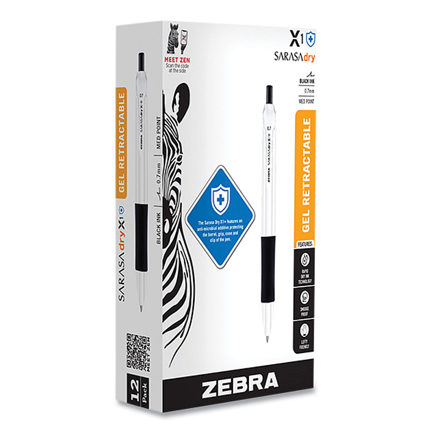 Zebra Sarasa Dry X1+ Retractable Gel Pen, Medium 0.7 mm, Black Ink, White/Black Barrel, 12/Pack (41510)