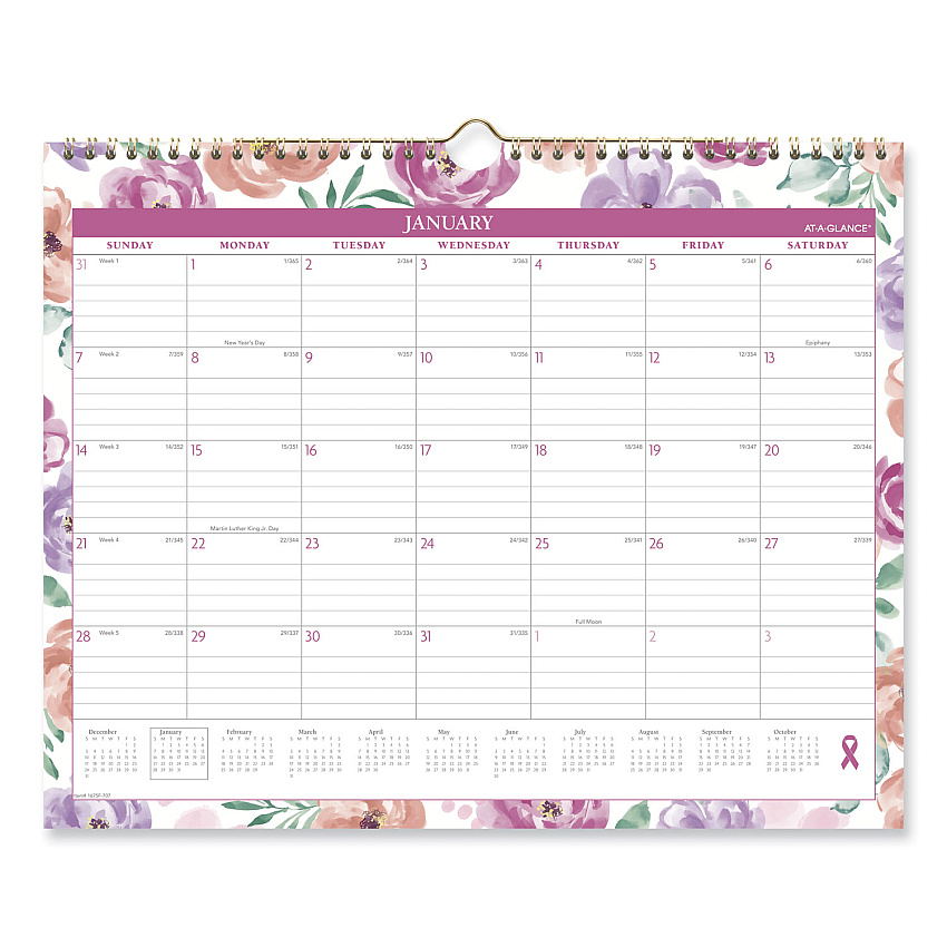AT-A-GLANCE Badge Floral Wall Calendar, Floral Artwork, 15 x 12, White/Multicolor Sheets, 12-Month (Jan to Dec): 2024 (1675F707)