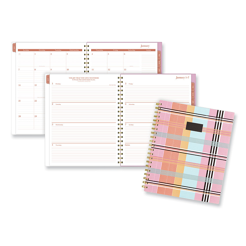 Cambridge Cher Weekly/Monthly Planner, Plaid Artwork, 11 x 9.25, Pink/Blue/Orange Cover, 12-Month (Jan to Dec): 2024 (1676905)