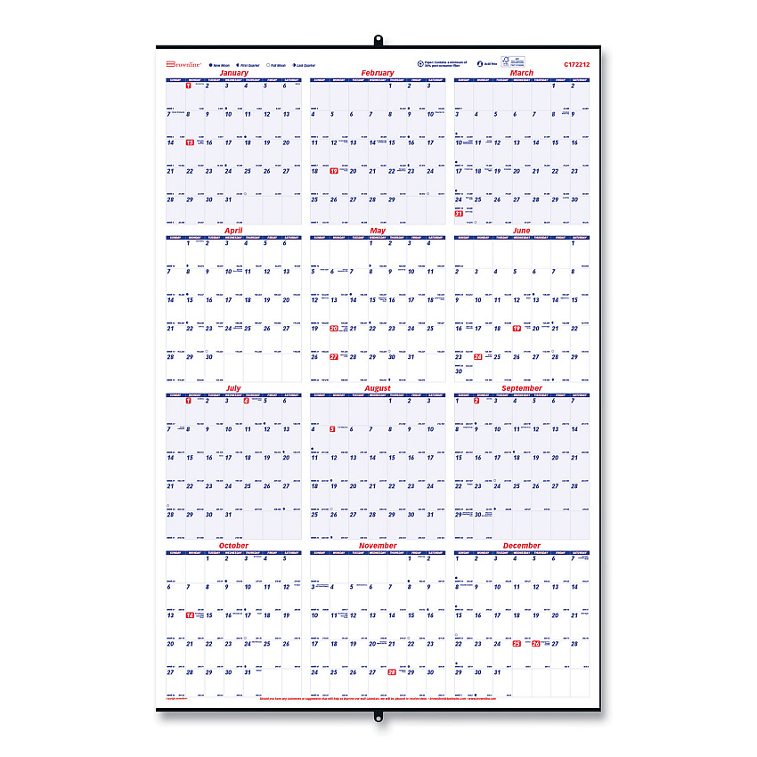 Brownline Yearly Wall Calendar, 24 x 36, White/Blue Sheets, 12-Month (Jan to Dec): 2025 (C172212)