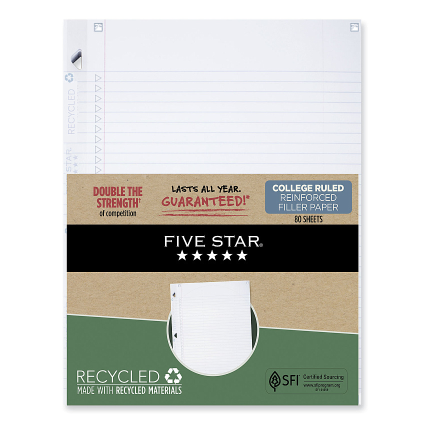 Five Star Reinforced Filler Paper Plus Study App, 3-Hole, 8.5 x 11, College Rule, 80/Pack (170023)