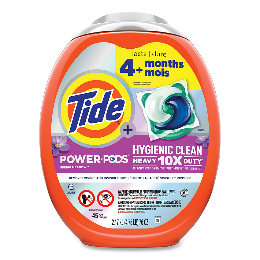 Tide Hygienic Clean Heavy 10x Duty Power Pods, Fresh Meadow Scent, 76 oz Tub, 45 Pods, 4/Carton (09493)