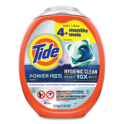 Tide Hygienic Clean Heavy 10x Duty Power Pods, Original Scent, 76 oz Tub, 45 Pods, 4/Carton (09163)