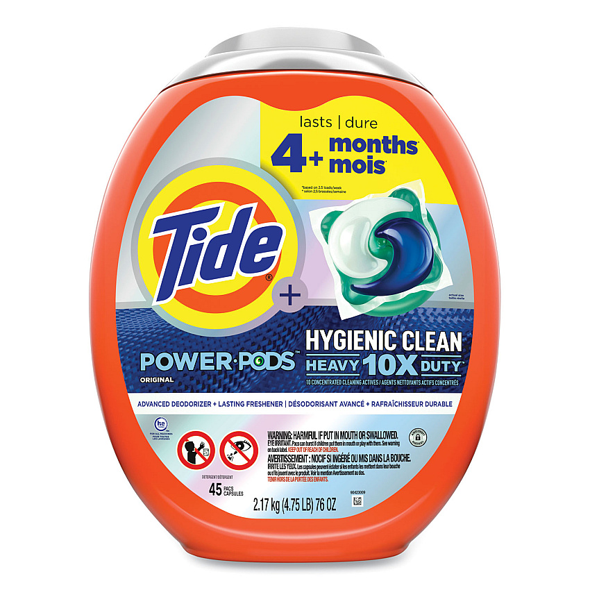 Tide Hygienic Clean Heavy 10x Duty Power Pods, Original Scent, 76 oz Tub, 45 Pods, 4/Carton (09163)