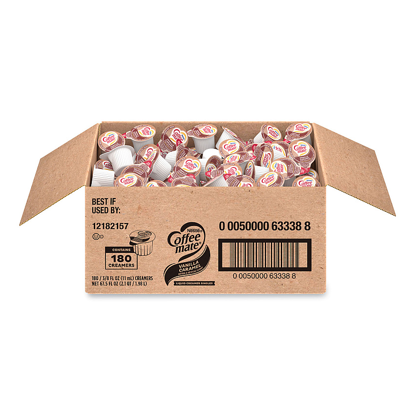 Coffee-mate 180 Count Bulk Liquid Coffee Creamer, Vanilla Caramel, 0.38 oz, 180/Carton (63338CT)