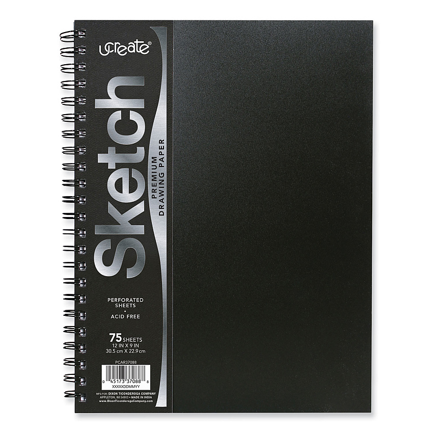 Pacon UCreate Poly Cover Sketch Book, 43 lb Cover Paper Stock, Black Cover, 75 Sheets per Book, 12 x 9 Sheets (PCAR37088)