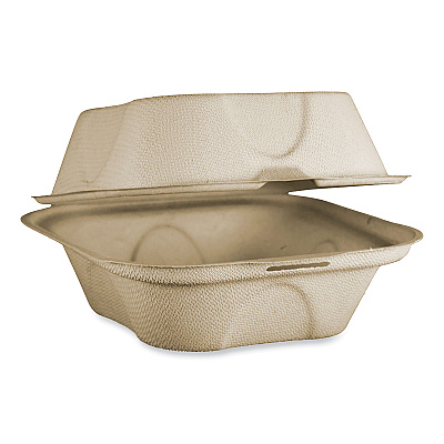World Centric Fiber Hinged Containers, Burger Box, 6.5 x 6 x 3.2, Natural, Paper, 500/Carton (TOSCU15BLFP)