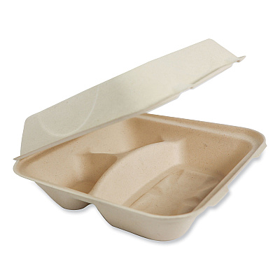 World Centric Fiber Hinged Containers, 3-Compartment, 9.3 x 9 x 3.3, Natural, Paper, 300/Carton (TOSCU9TLFP)