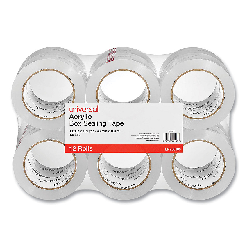 Universal Deluxe General-Purpose Acrylic Box Sealing Tape, 3" Core, 1.88" x 110 yds, Clear, 12/Pack (UNV66100)