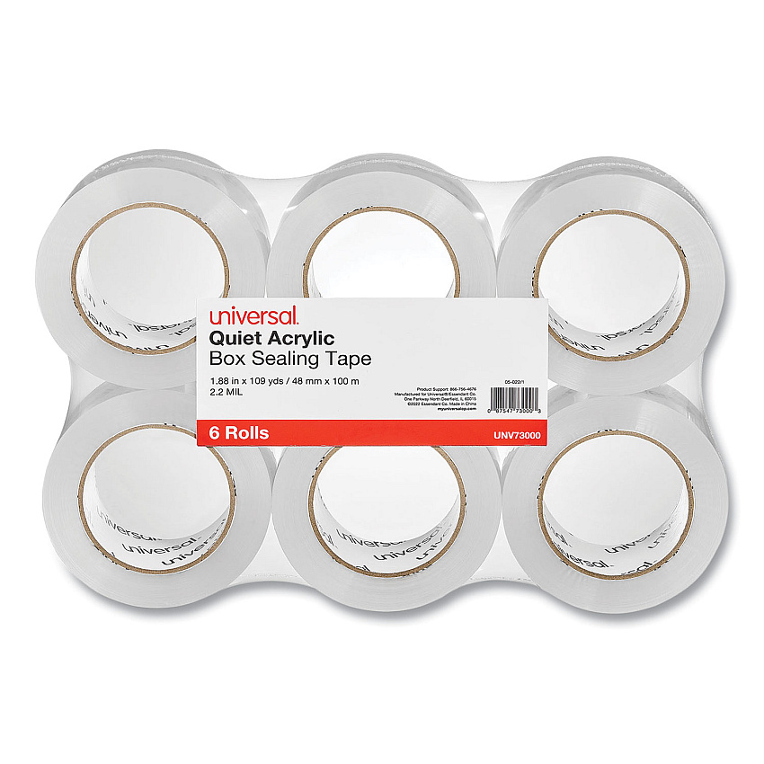 Universal Quiet Tape Box Sealing Tape, 3" Core, 1.88" x 110 yds, Clear, 6/Pack (UNV73000)