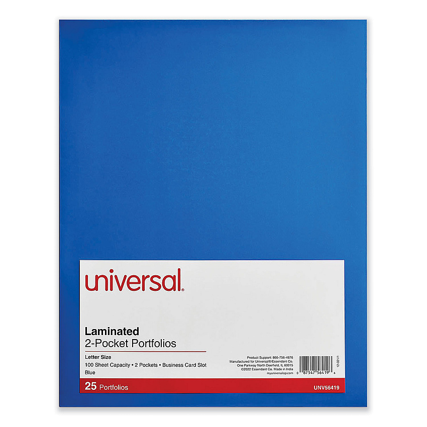Universal Laminated Two-Pocket Folder, Cardboard Paper, 100-Sheet Capacity, 11 x 8.5, Blue, 25/Box (UNV56419)