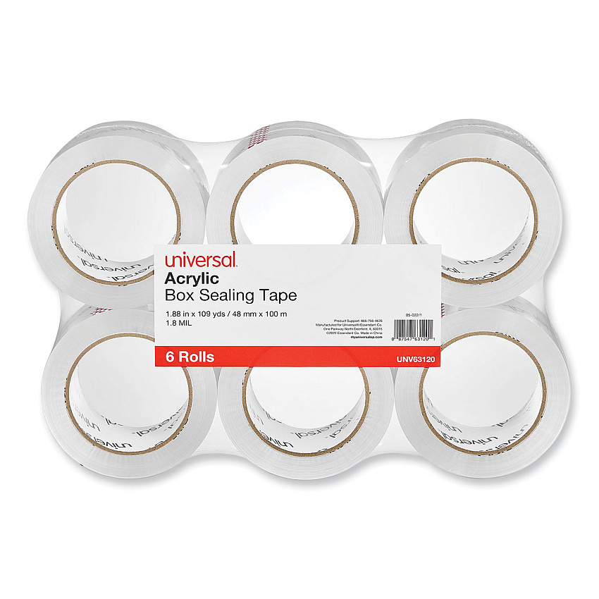Universal Deluxe General-Purpose Acrylic Box Sealing Tape, 1.7 mil, 3" Core, 1.88" x 110 yds, Clear, 6/Pack (UNV63120)