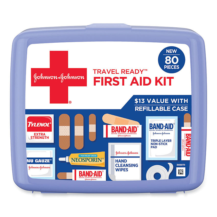 Johnson & Johnson Red Cross Travel Ready Portable Emergency First Aid Kit, 80 Pieces, Plastic Case (202068)