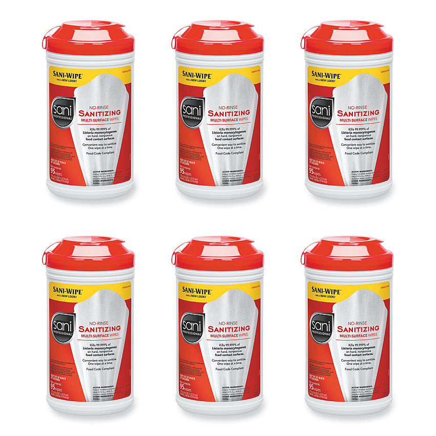 Sani Professional No-Rinse Sanitizing Multi-Surface Wipes, Unscented, White, 95/Container, 6/Carton (P56784)