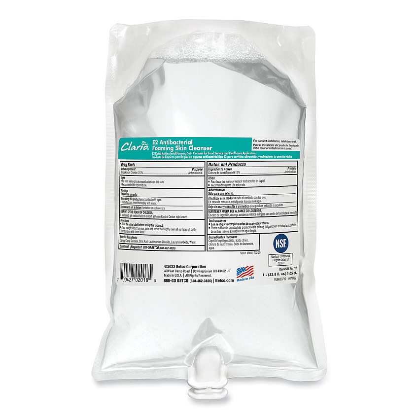 Betco E2 Antibacterial Foaming Skin Cleanser, Fragrance Free, 1,000 mL Refill Bag, 6/Carton (7172900)