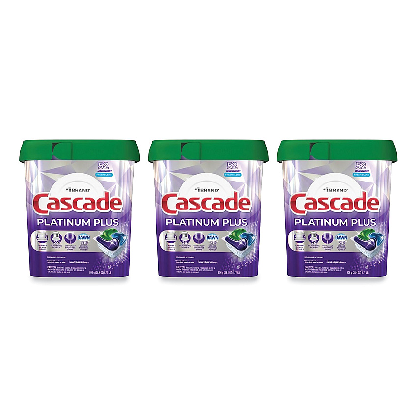 Cascade Platinum Plus ActionPacs Dishwasher Detergent Pods, Fresh Scent, 28.4 oz Tub, 52/Tub, 3 Tubs/Carton (06156)