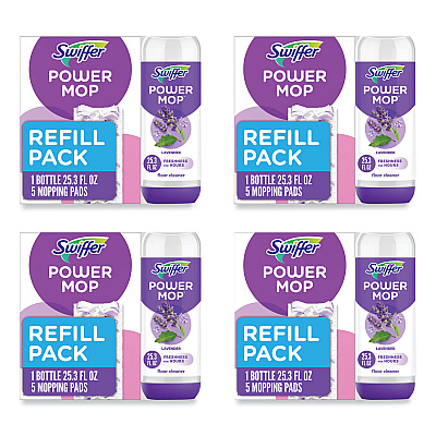 Swiffer PowerMop Cleaning Solution and Pads Refill Pack, Lavender, 25.3 oz Bottle and 5 Pads per Pack, 4 Packs/Carton (09117)