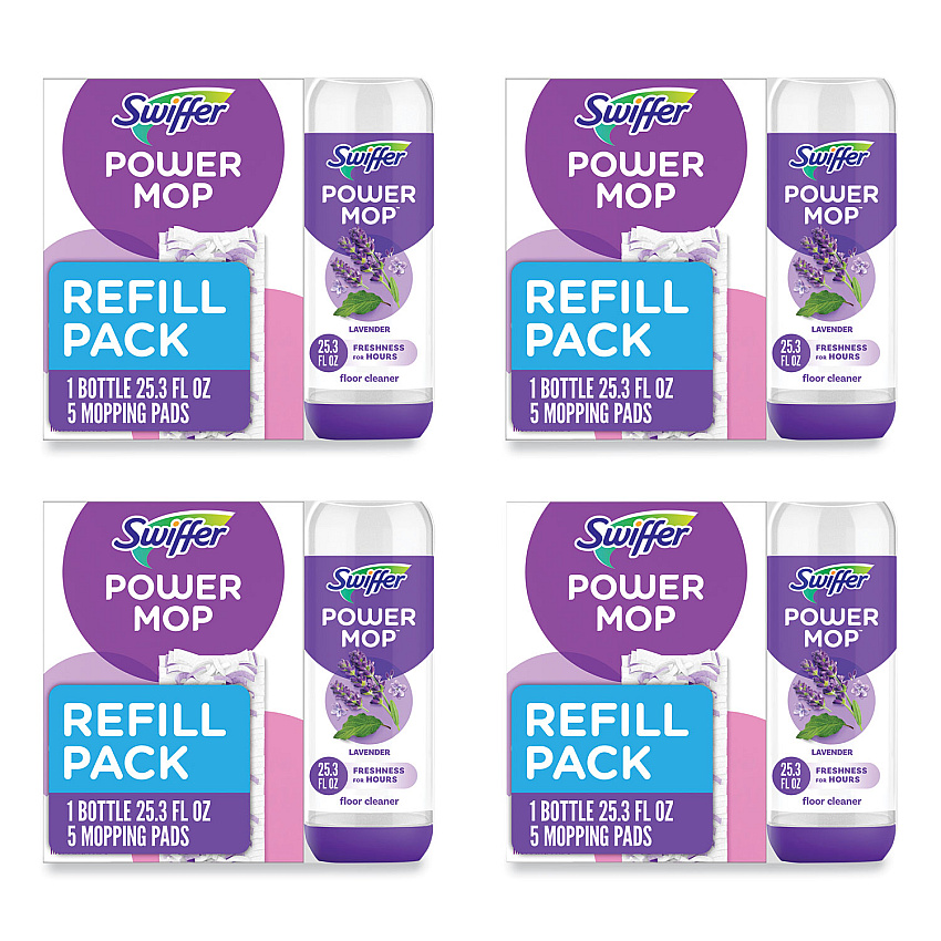 Swiffer PowerMop Cleaning Solution and Pads Refill Pack, Lavender, 25.3 oz Bottle and 5 Pads per Pack, 4 Packs/Carton (09117)