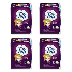 Puffs Ultra Soft Facial Tissue, 2-Ply, White, 124 Sheets/Box, 6 Boxes/Pack, 4 Packs/Carton (35554)