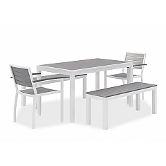KFI Studios Eveleen Outdoor Dining Table Set, 55" x 35" x 29" Rectangular Table, 2 Benches, 2 Armchairs, Gray/White (840031918437)