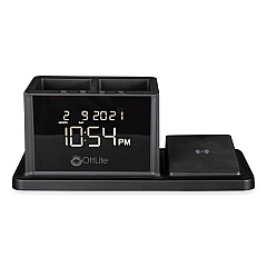 OttLite Desktop Organizer with LED Alarm Clock/Device Charger, 2 Compartments, 10.68 x 4.88 x 4.32, Black, Plastic (A03G5T)