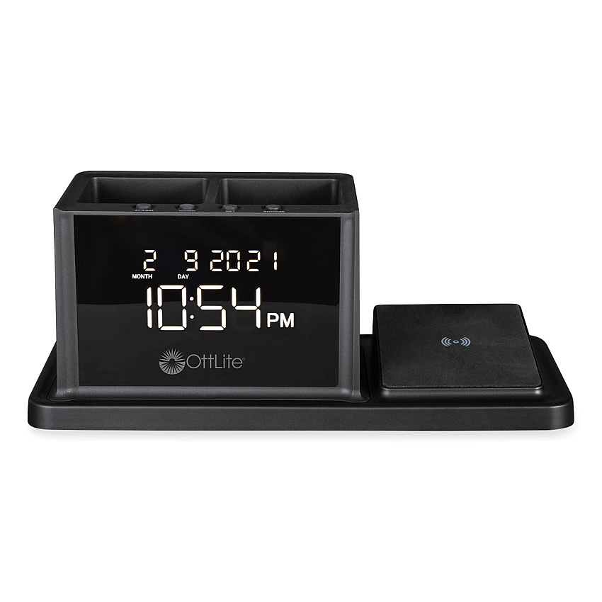 OttLite Desktop Organizer with LED Alarm Clock/Device Charger, 2 Compartments, 10.68 x 4.88 x 4.32, Black, Plastic (A03G5T)