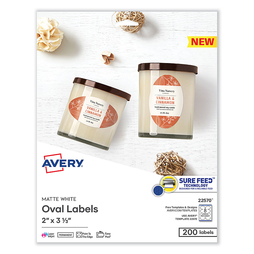Avery Laser/Inkjet Media Labels, Inkjet/Laser Printers, 2 x 3.3, White, 8 Labels/Sheet, 25 Sheets/Pack (22570)